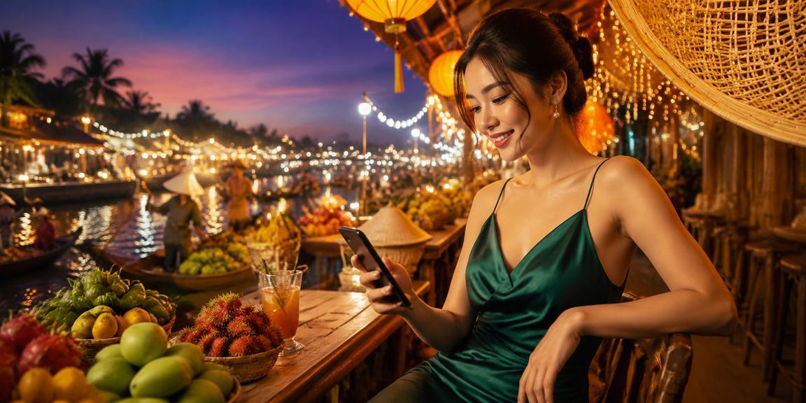 Người dùng vùng Mekong thao tác ứng dụng casino trên điện thoại với nón lá truyền thống
