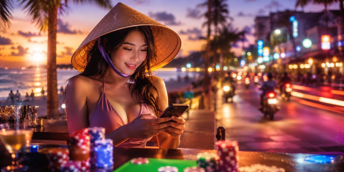 Người dùng tại Phú Quốc chơi bài và xem kết quả xổ số với nón lá trên nền biển xanh